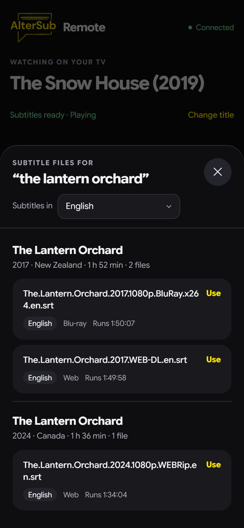 Search results: two films with the same name, each with its year, country and runtime, and their subtitle files with file names and lengths