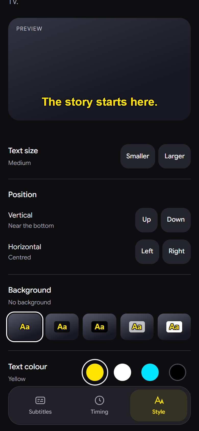 The Style tab: a preview of the subtitle text with controls for size, vertical and horizontal position, background and text colour