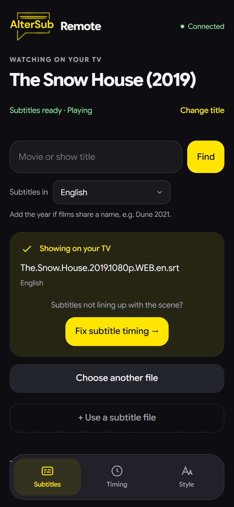 The Subtitles tab: a search box, the subtitle language set to English, and the subtitle file showing on the TV