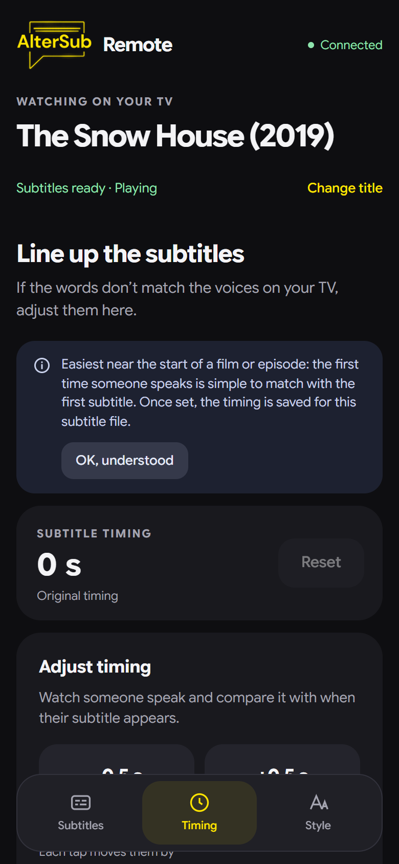 The Timing tab: a tip about setting the timing near the start of a film, the current timing of 0 seconds with a Reset button, and minus and plus 0.5 second buttons