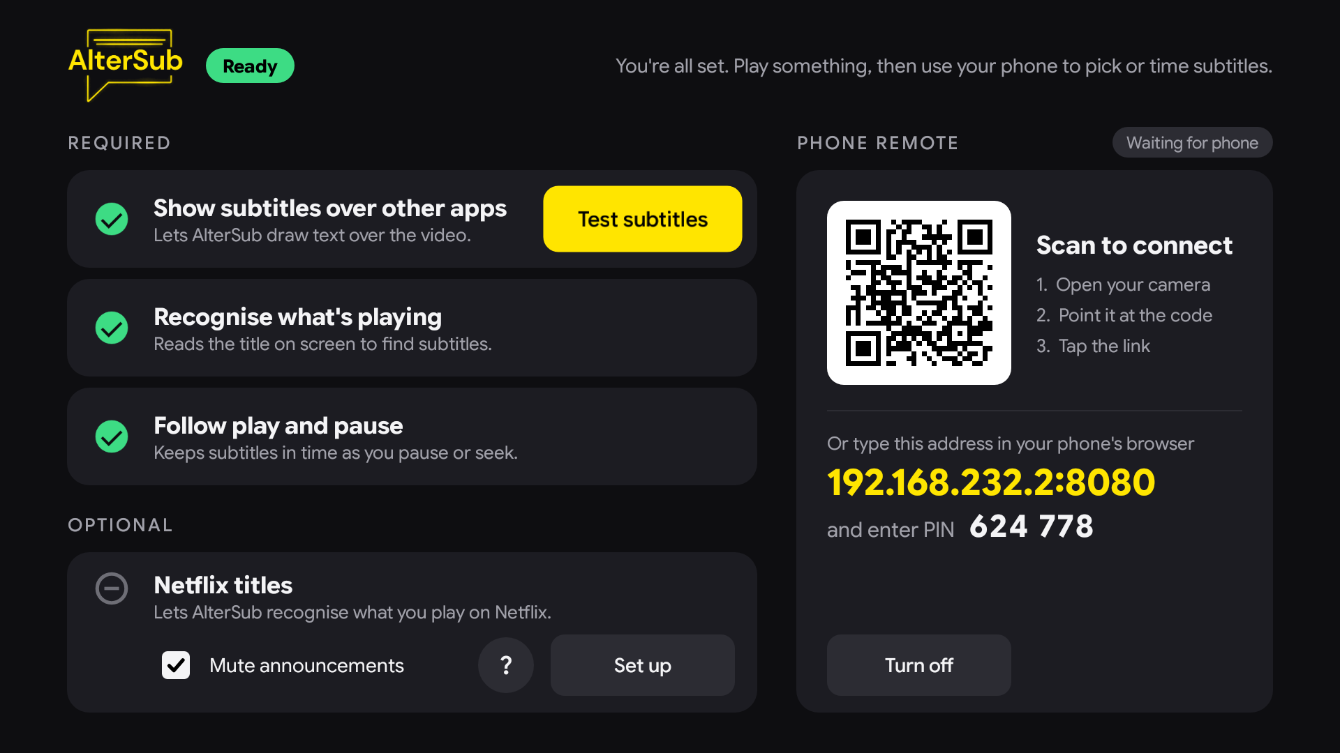 AlterSub's setup screen on a TV: three required steps with green ticks, an optional Netflix titles card, and a QR code to connect a phone